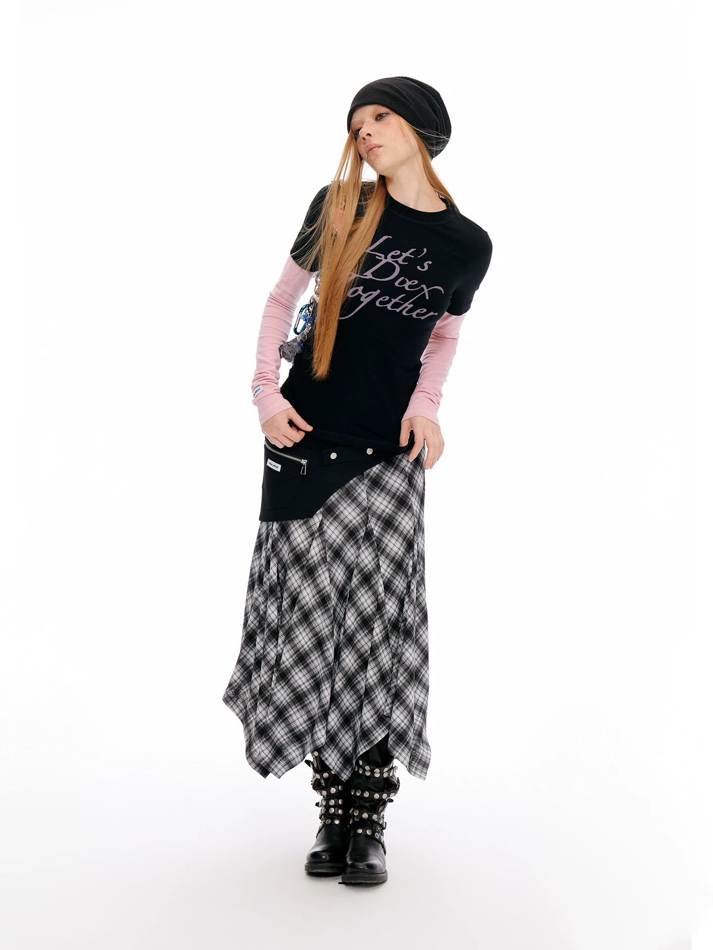 JIKOO Plaid Skirt Versatile Irregular Hem Skirt