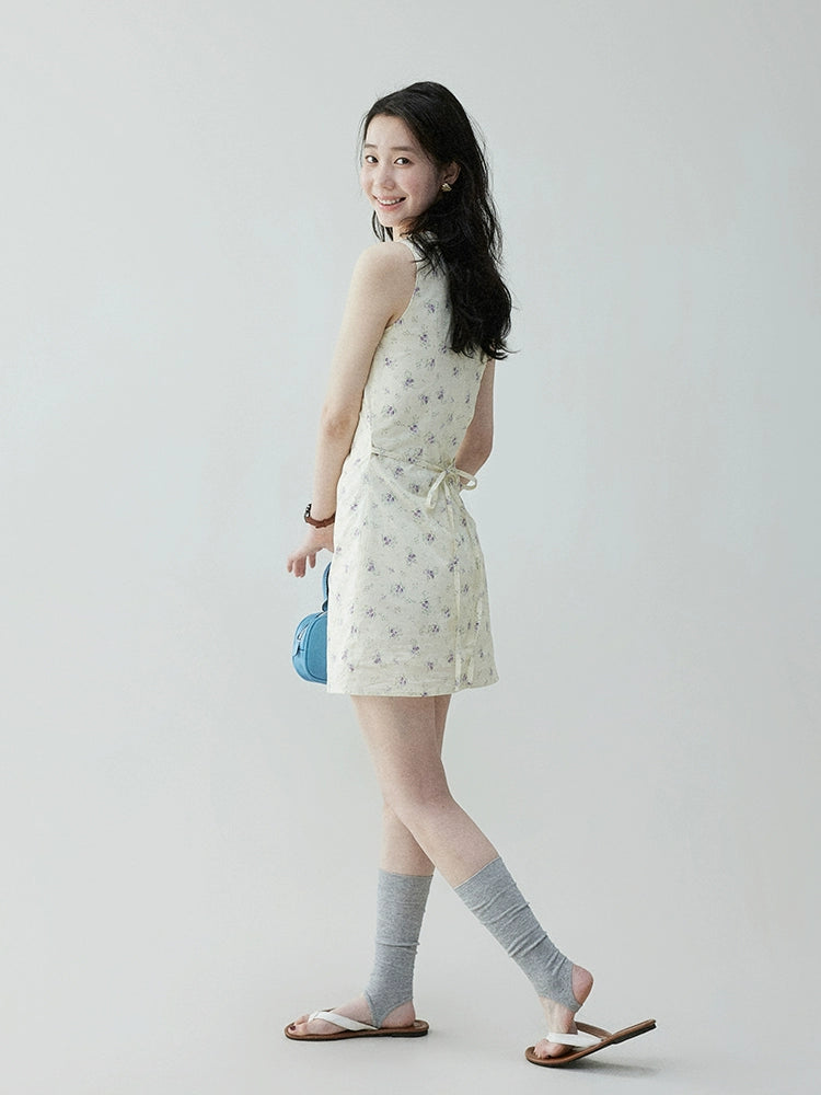 VOOE V Neck Floral Waist Strap Dress