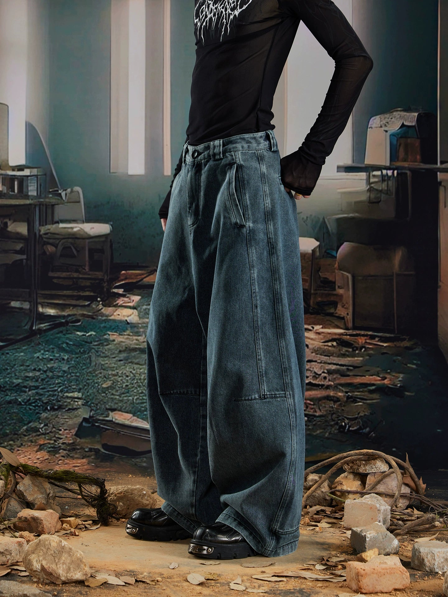 NOMANIAI Make Old Dirty Dyed Wide-leg Scimitar Jeans