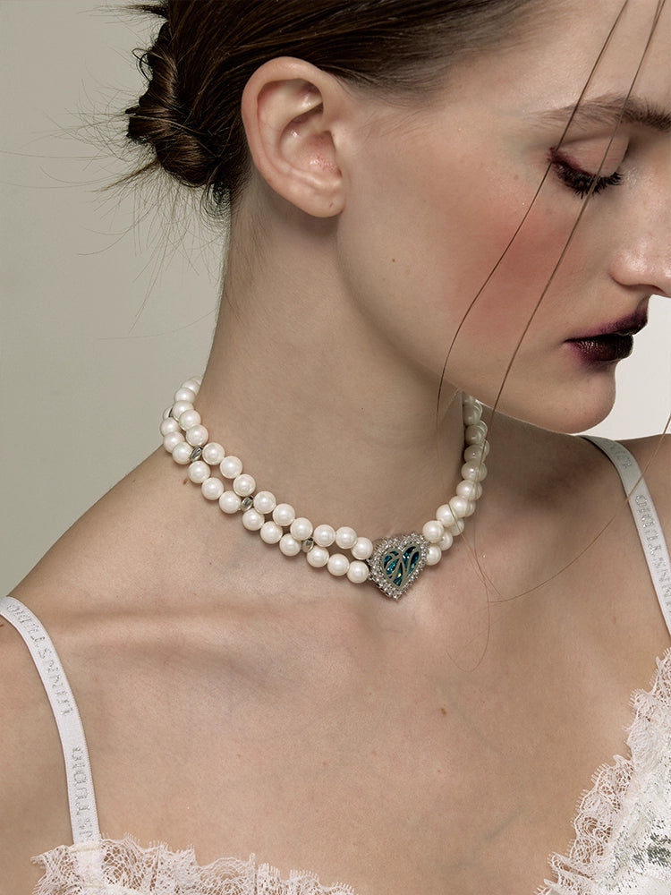1JINN Retro Heavy Industry Full of Glittering Diamond Temperament Pearl Neck Chain