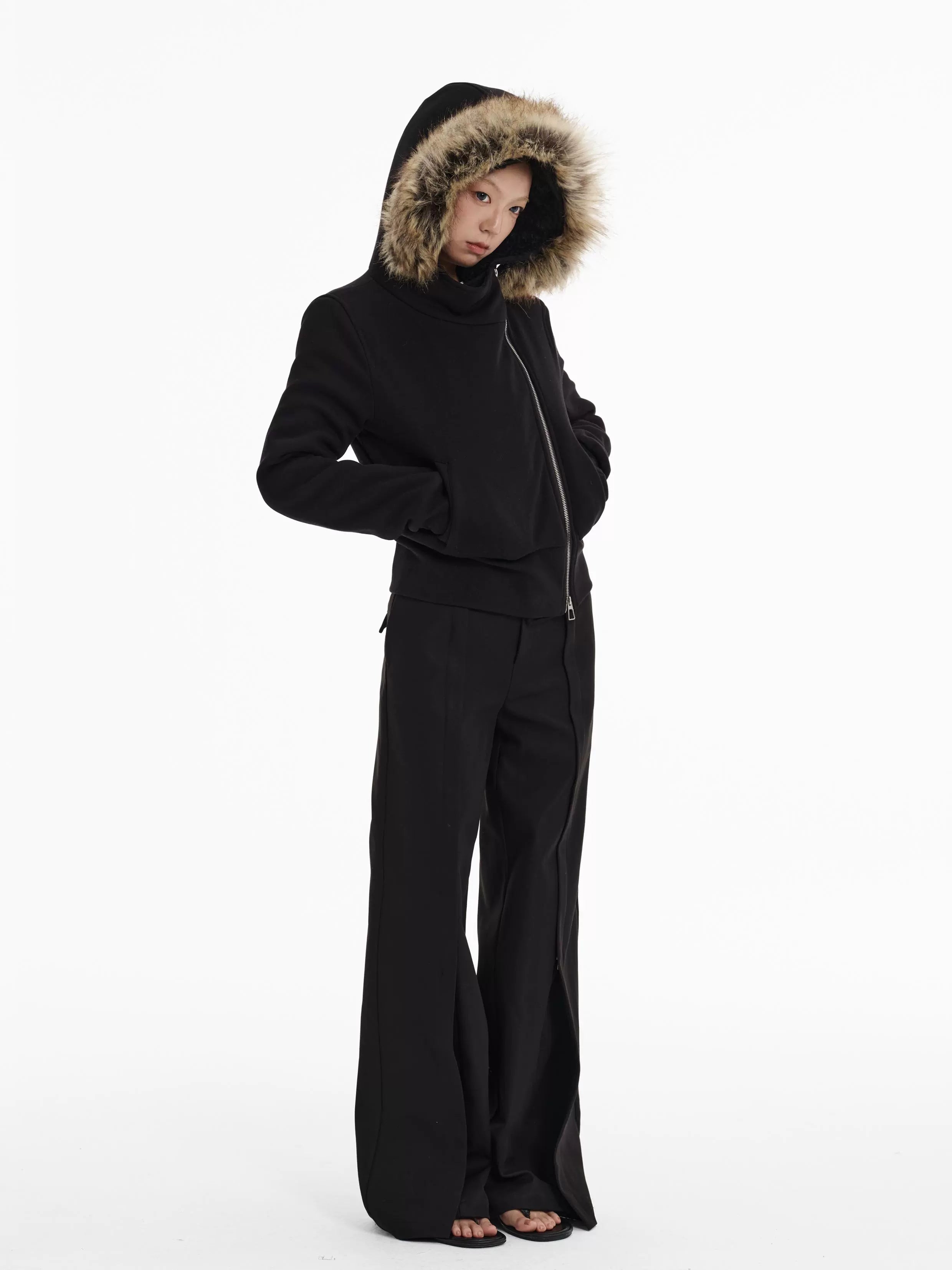 LINY LIBERTY Loose Raccoon Real Fur Collar Jacket Thickened Coat