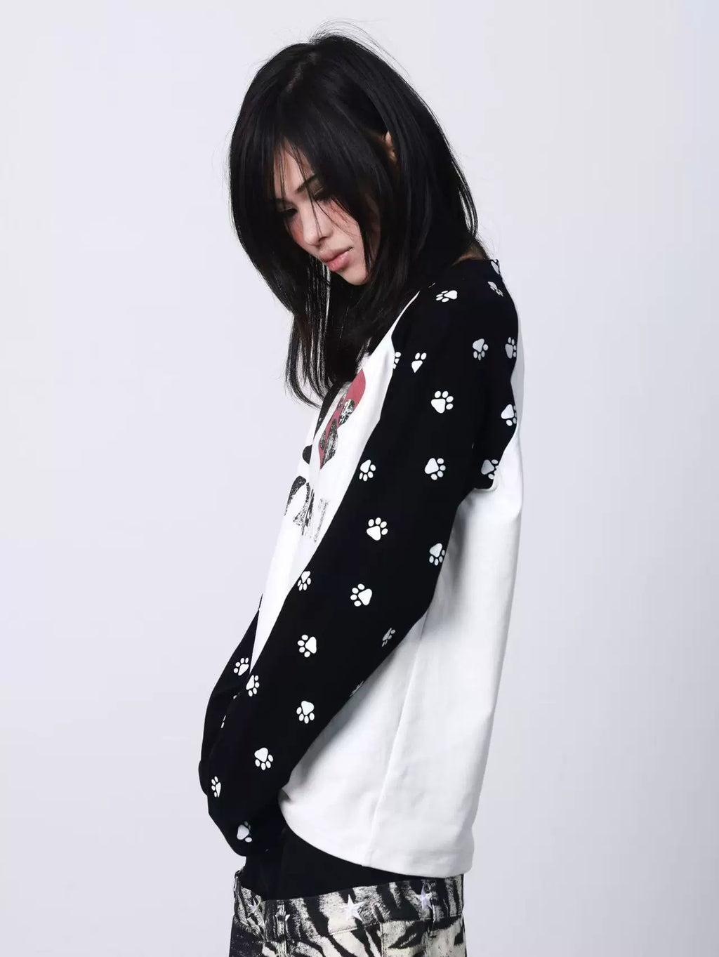 DETW Love Cat Print Splicing Round Neck Long Sleeve