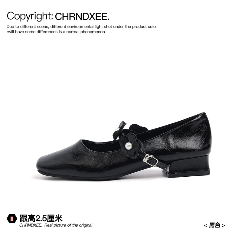 CHRNDXEE Flower Retro Soft Leather Thick Heel Light Mouth Single Shoes