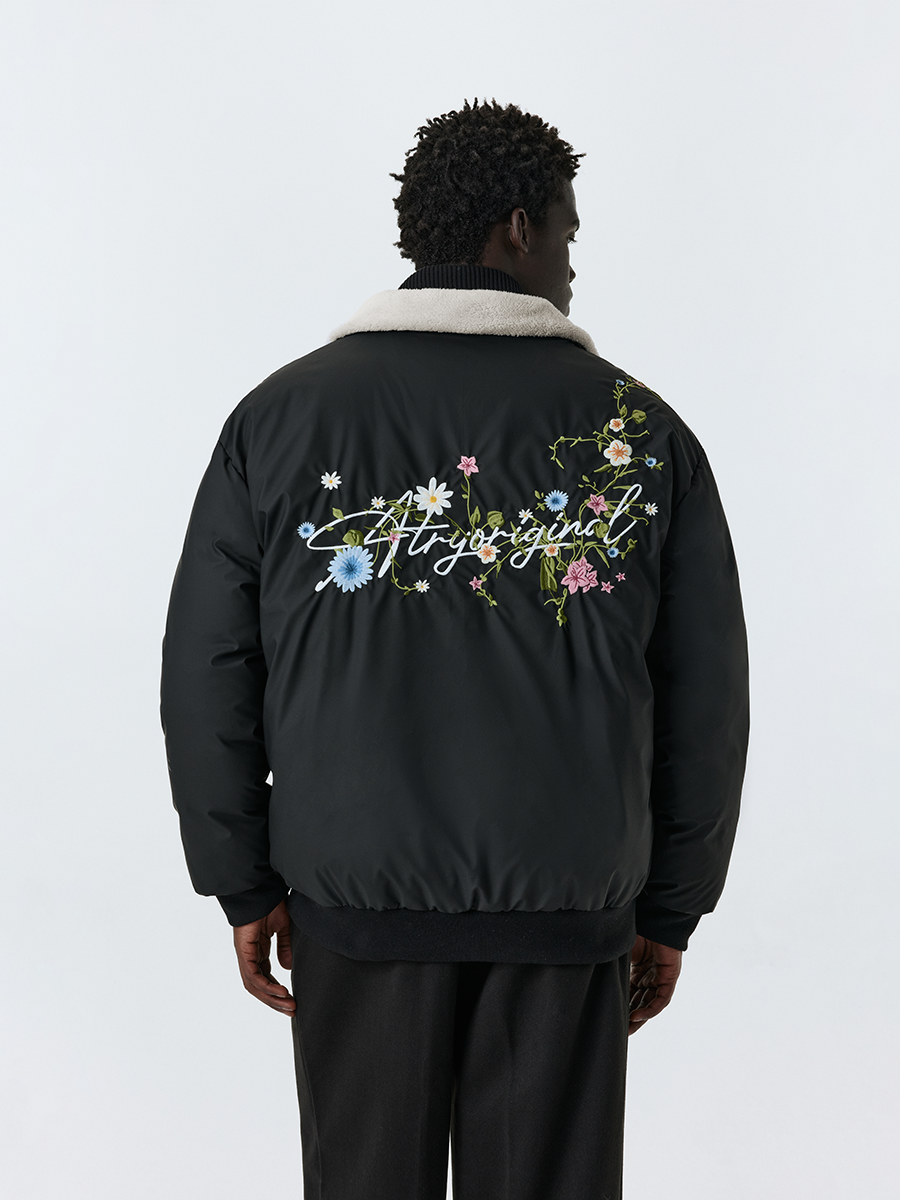 ATRY Embroidered Floral Fur Collar Lapel Thick Coat