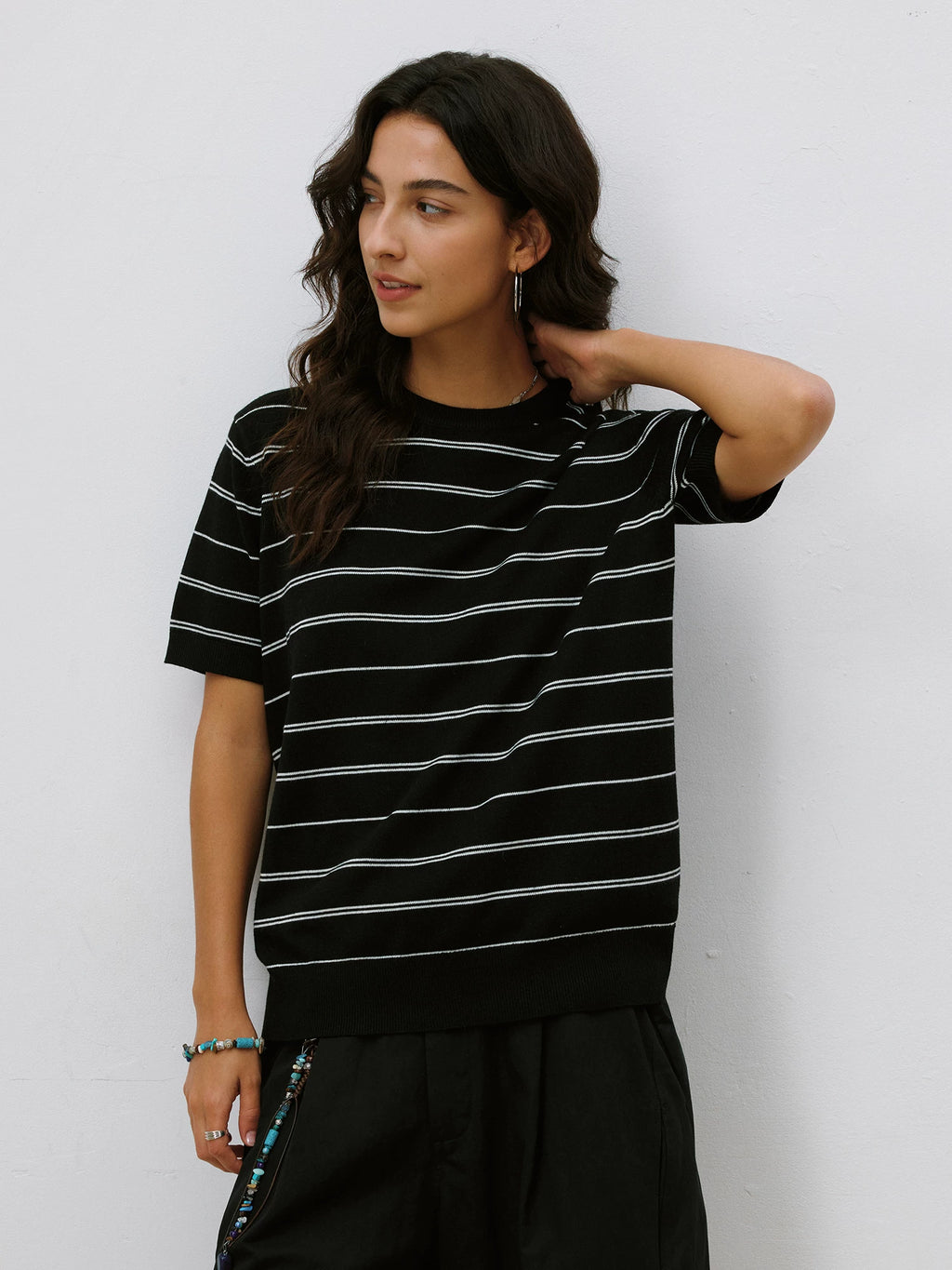 LR MADE Cuff Hem Tightened Knitted Striped Tee
