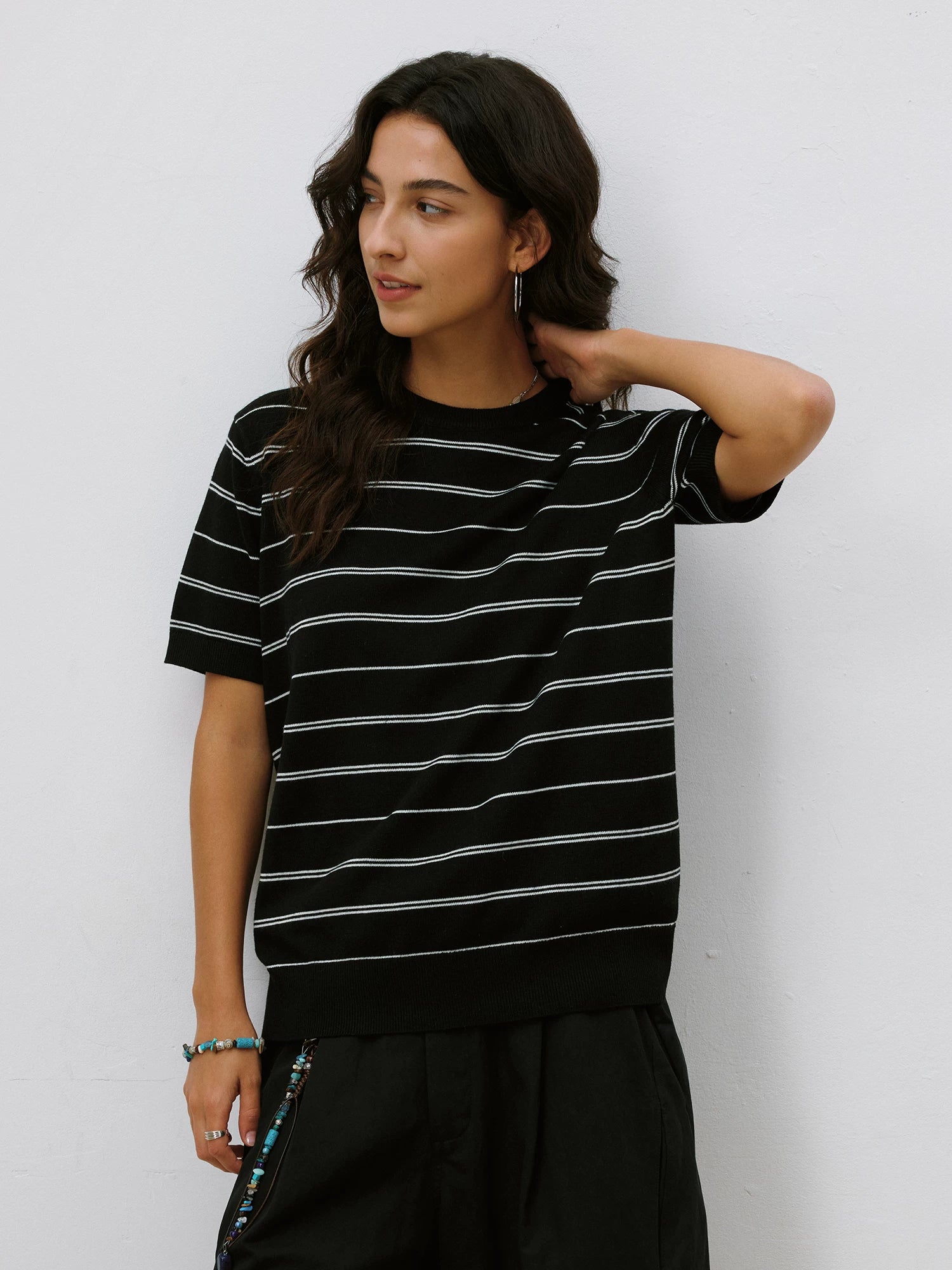 LR MADE Cuff Hem Tightened Knitted Striped Tee