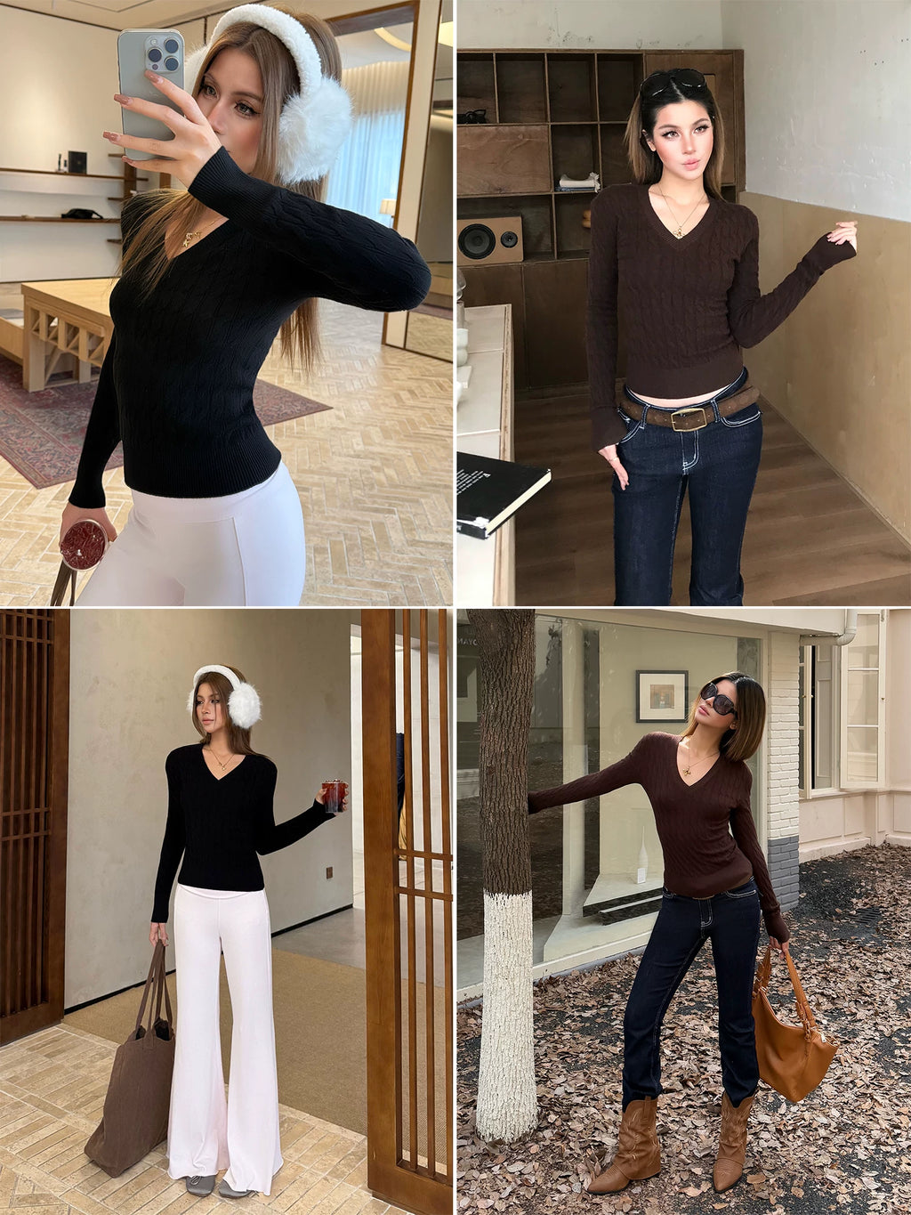 Audwyn V-neck Twisted Knitted Slim-fitting Sweater