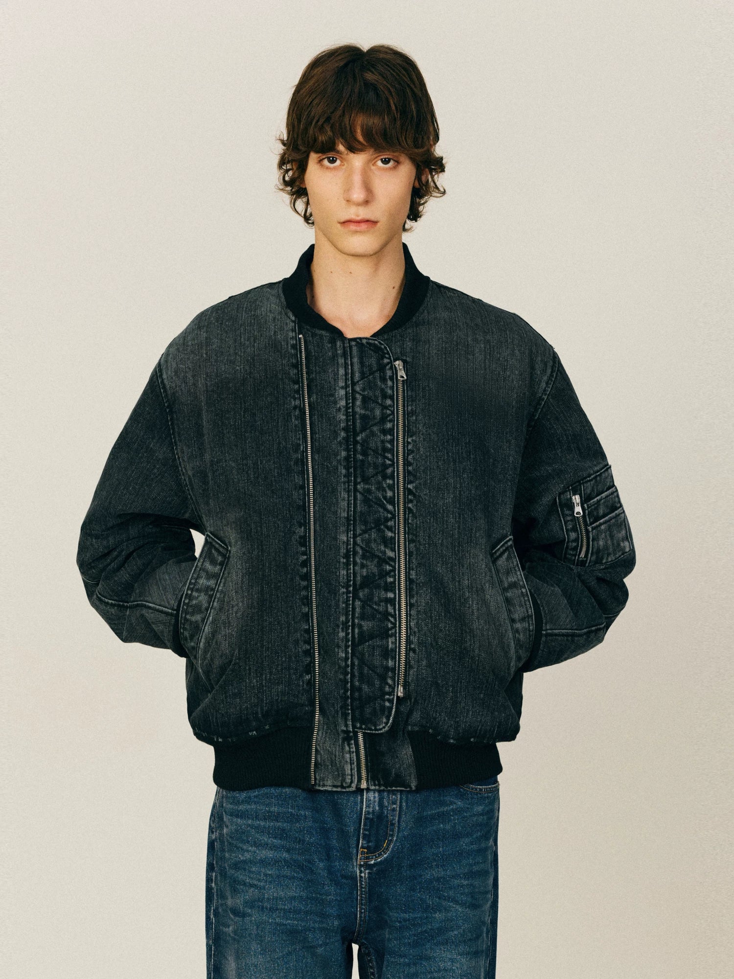 NONRADICAL Bamboo pattern scimitar sleeveMA1 padded denim jacket