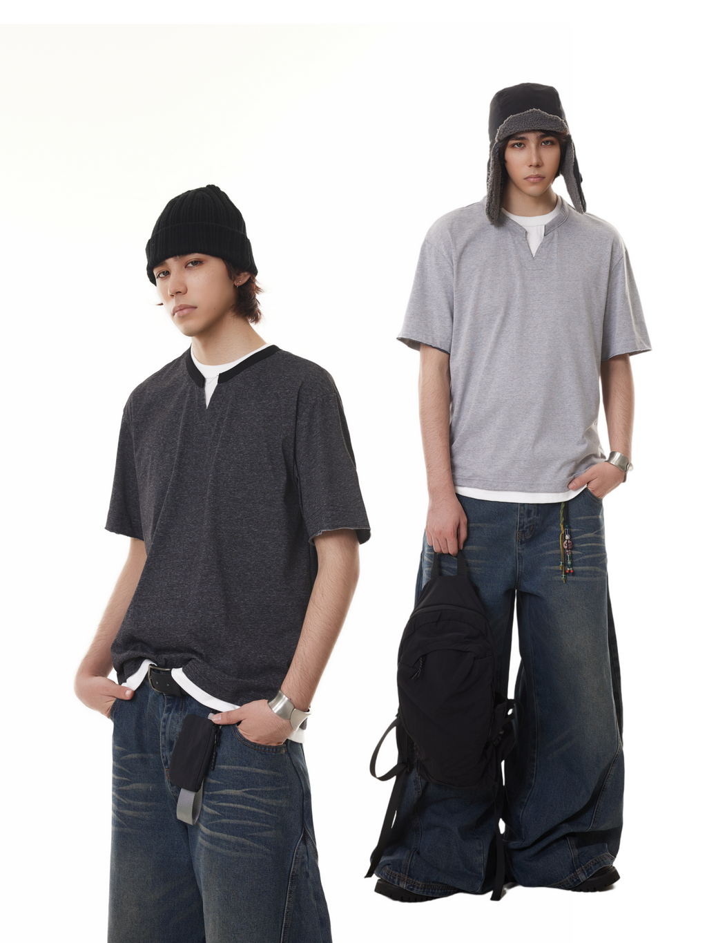 BTSG fake two-piece stacked Henry collar Tee