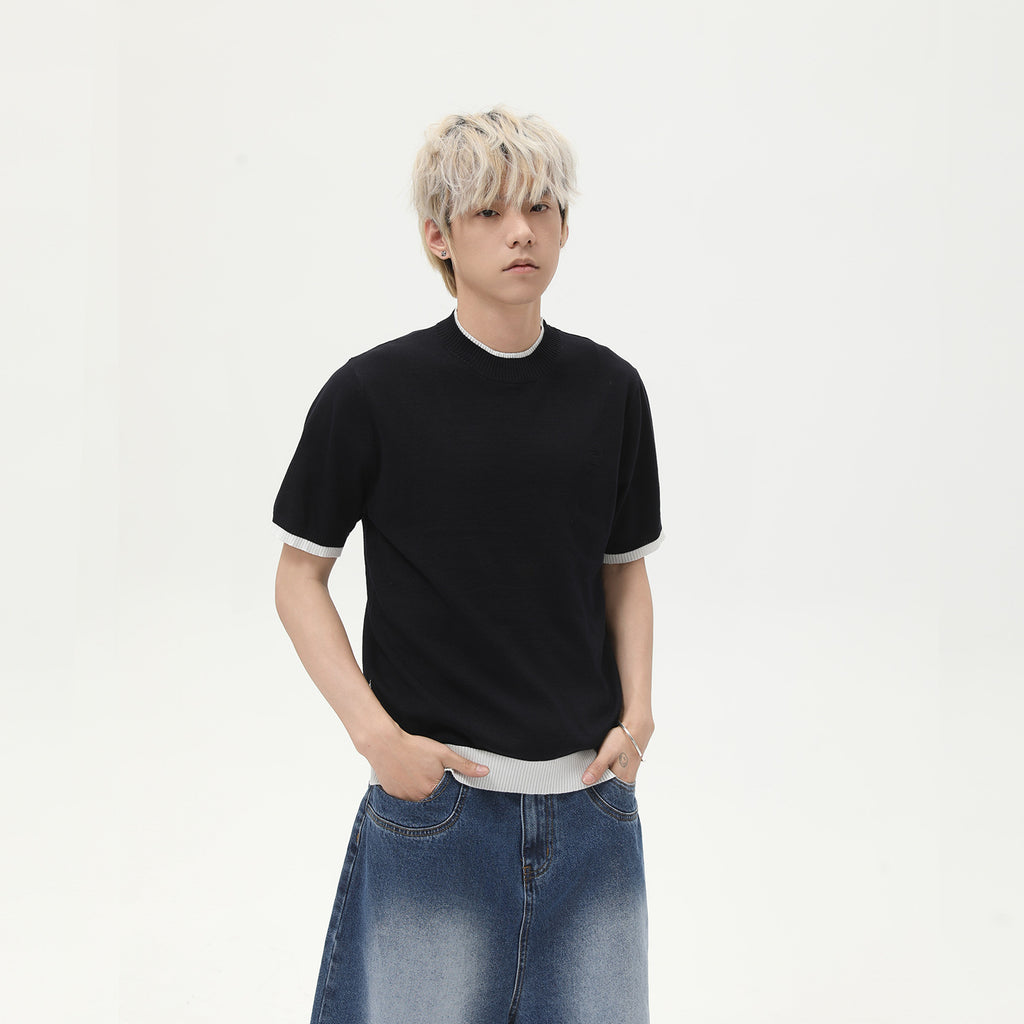 MTLCLOTHES Korean Version of Round Neck Knitted Fake Two-piece Color Matching Tee