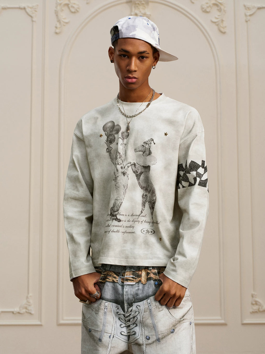 YADcrew Washed Hot Diamond Rivet Long Sleeve T-Shirt