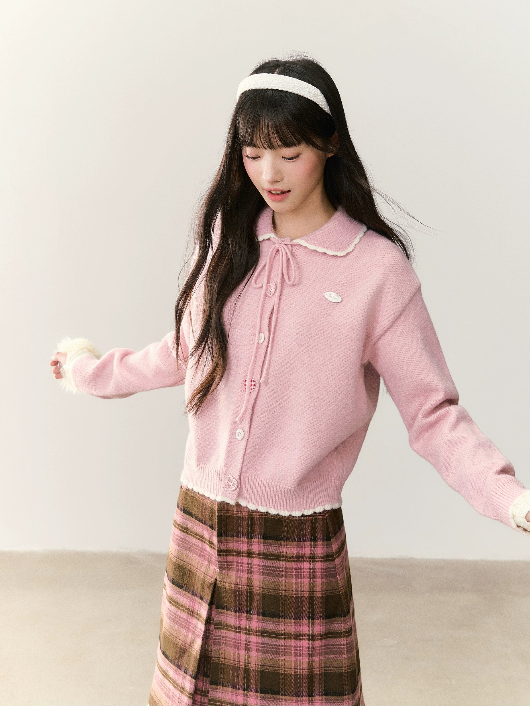 Umoumo Casual Contrasting Splicing Small Lace Lapel Sweater Cardigan