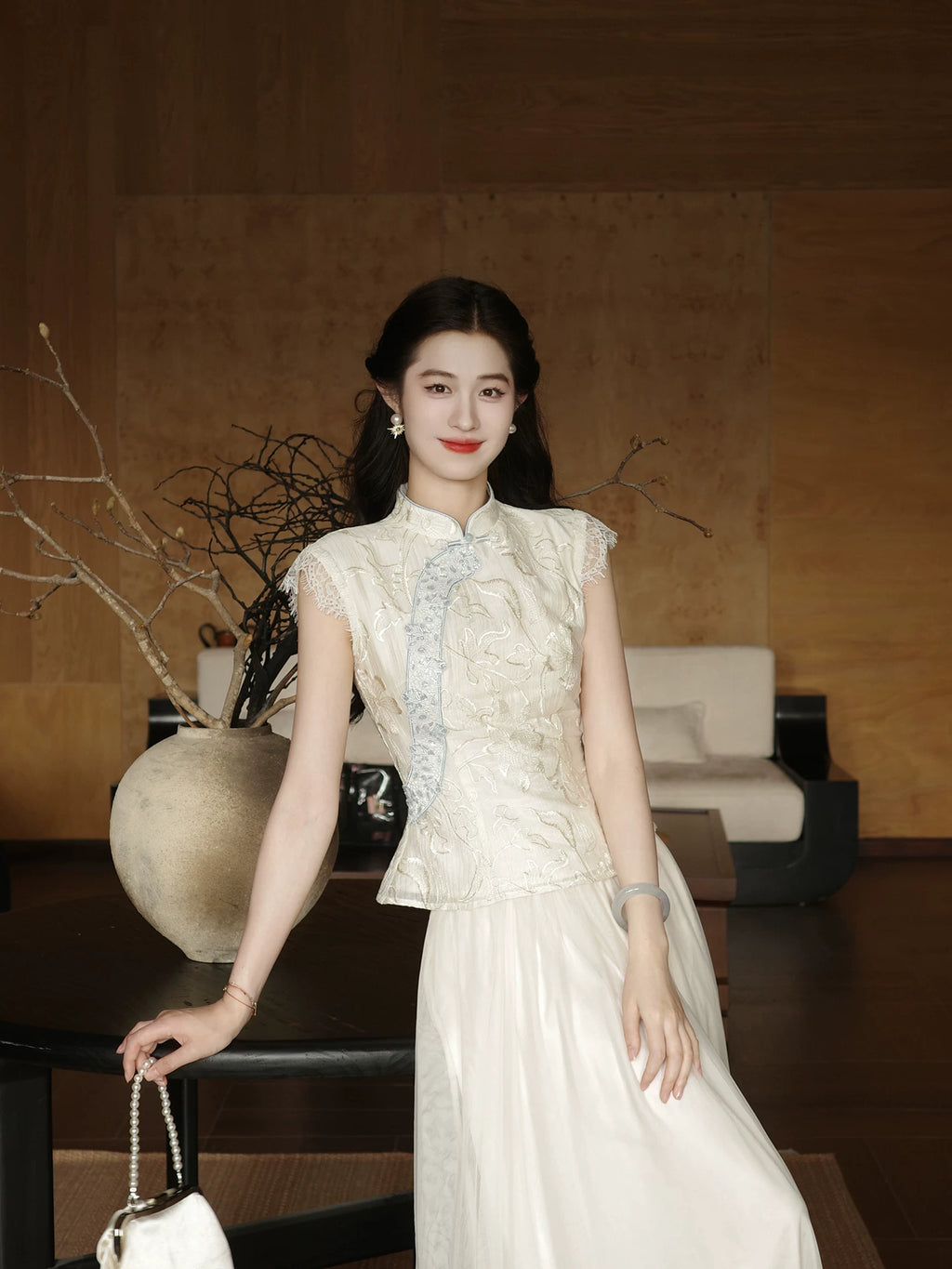 ZIHE Tencel Embroidered Tee Mesh Lace Skirt Set