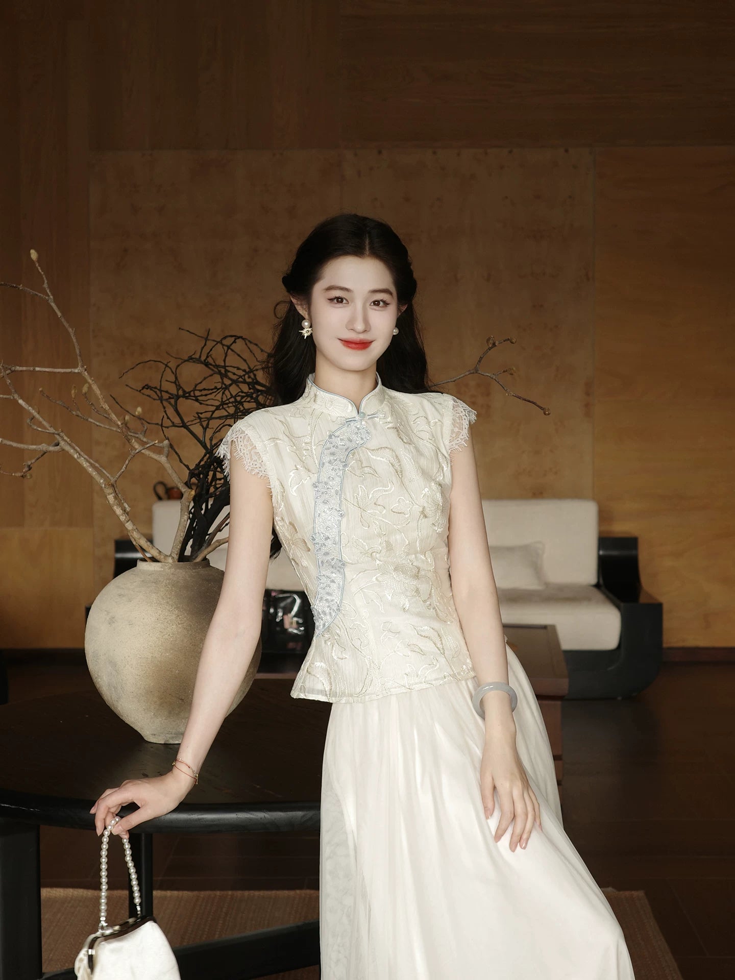 ZIHE Tencel Embroidered Tee Mesh Lace Skirt Set