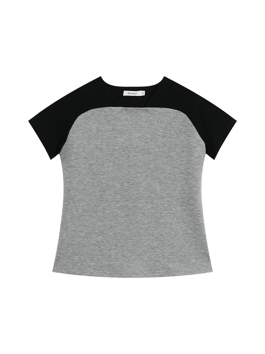 FUNKYFUN contrasting curved shoulder splicing V-neck tee