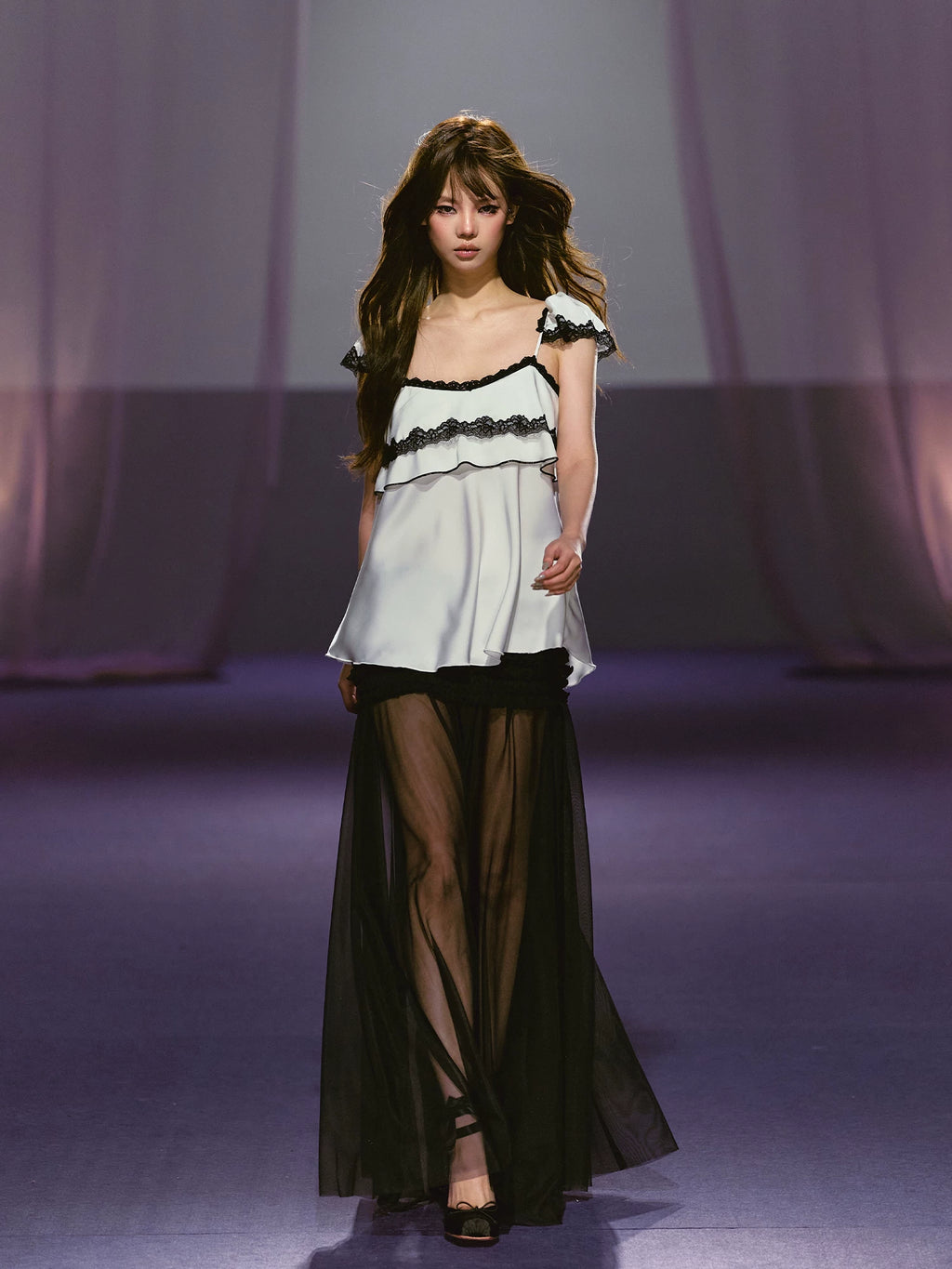 AGAM Three-dimensional Pleated Mesh Stitching Semi-transparent Long Skirt