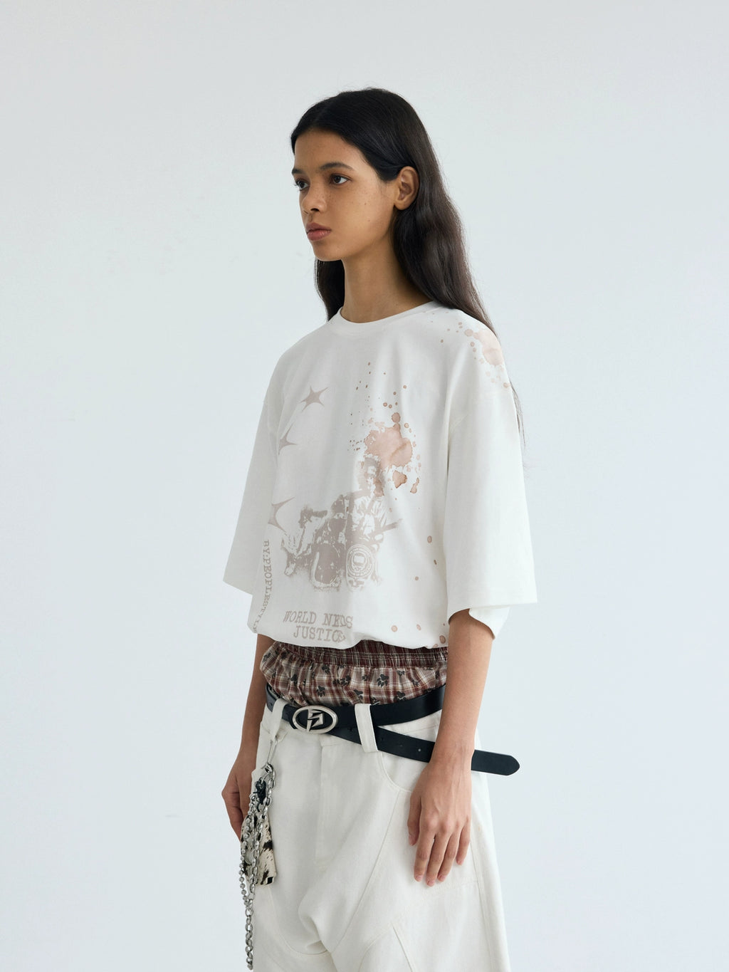 PEOPLESENSE Retro White Ink Direct Injection Printing Casual Tee