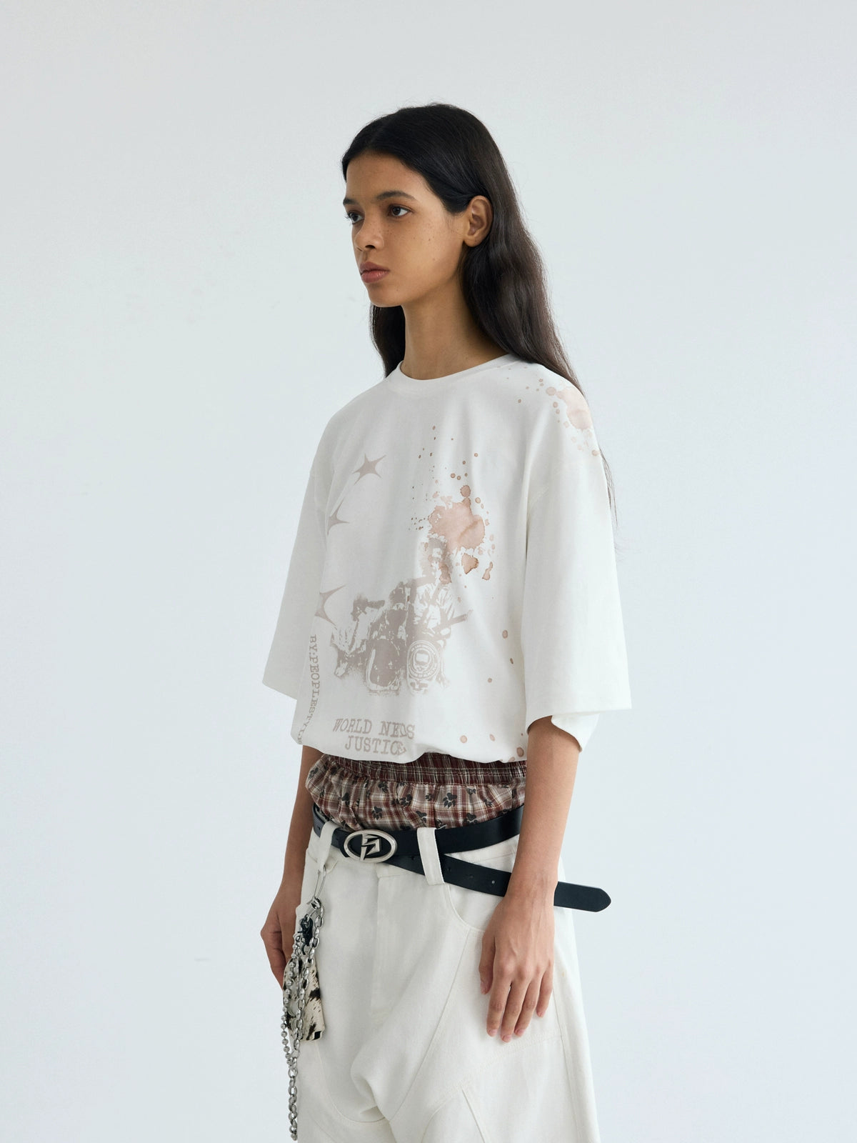 PEOPLESENSE Retro White Ink Direct Injection Printing Casual Tee