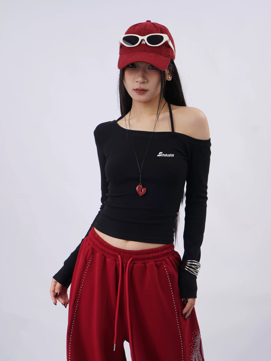 SAMUSAN Letter Embroidered Slanted Shoulder Long Sleeve