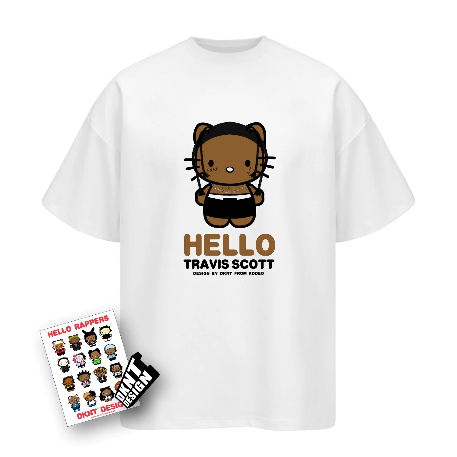 DKNT Kitty Print Crew Neck Loose Casual Tee