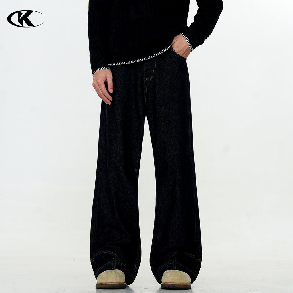 11KN Washed Black Inverted Retro Design Reverse Straight Jeans