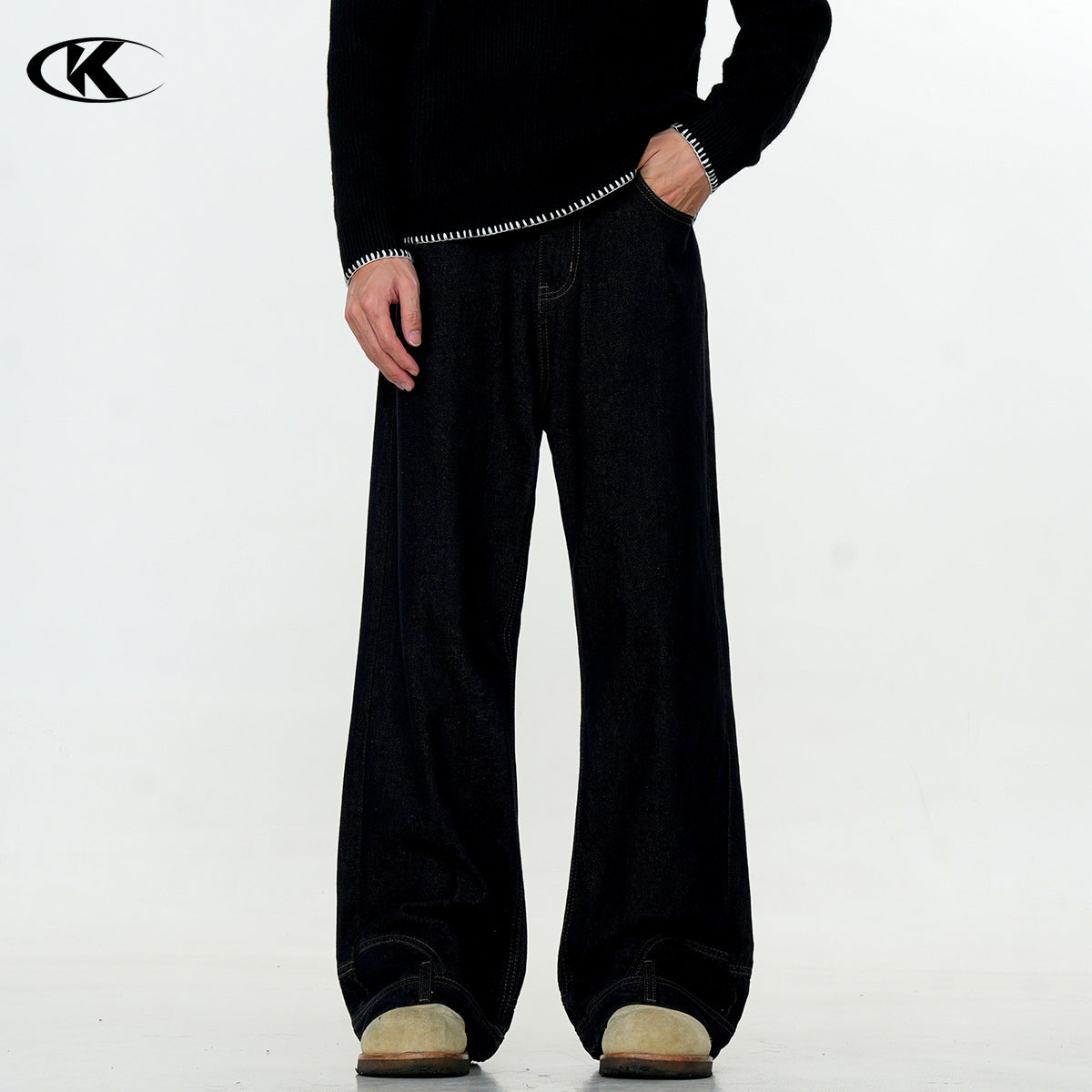 11KN Washed Black Inverted Retro Design Reverse Straight Jeans