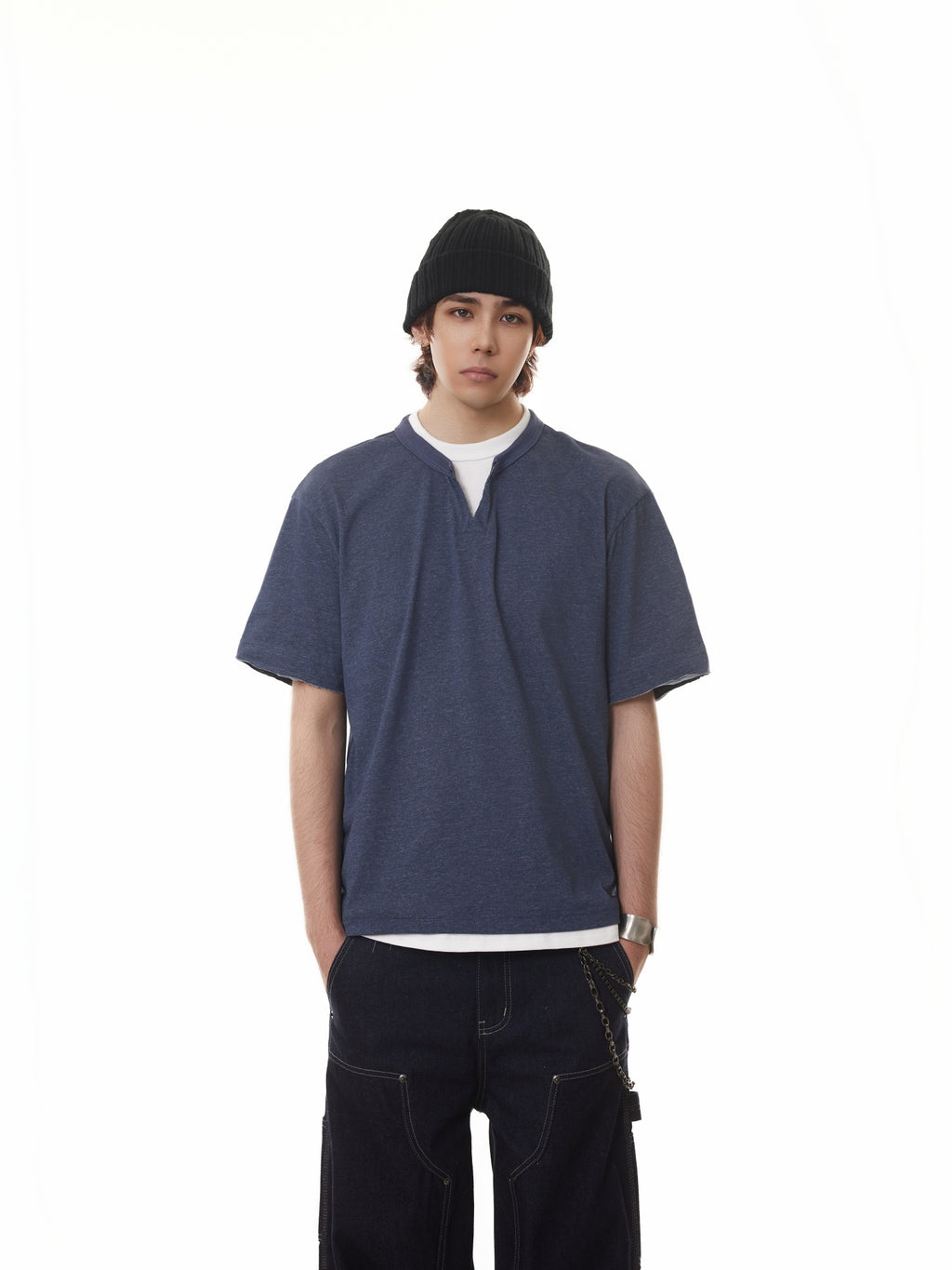 BTSG fake two-piece stacked Henry collar Tee
