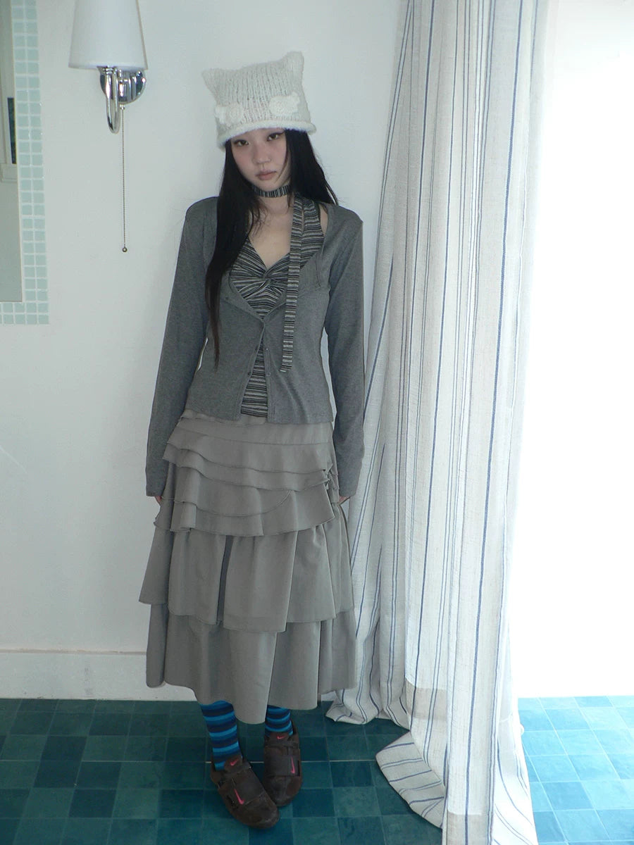 Ang: Project Striped Strap Neck Vest Long Sleeve Two-piece Set