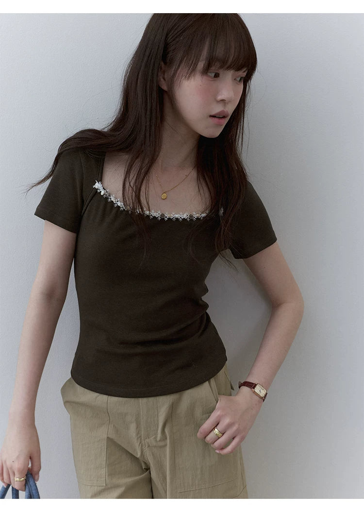VOOE Square Neck Pearl Lace Tee