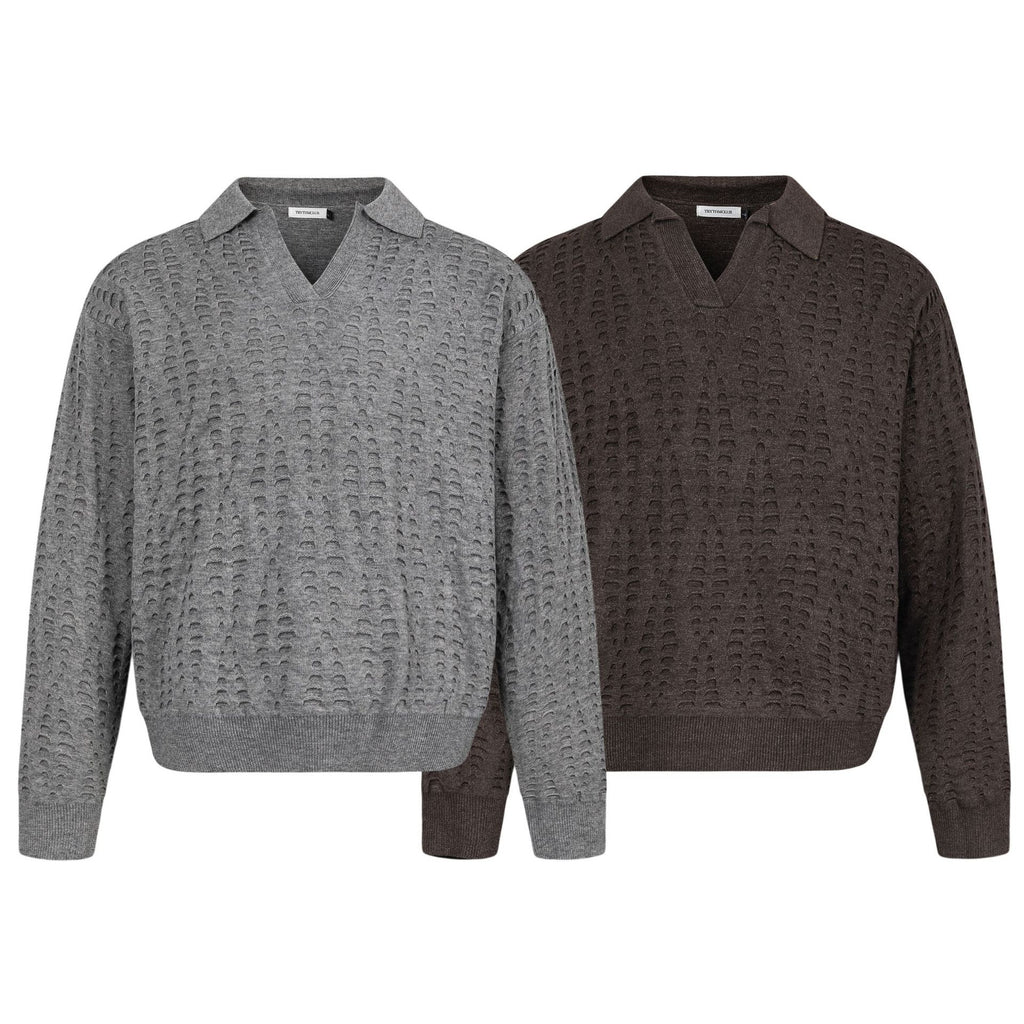 TRYTHMCLUB V-neck Lapel Ripped-knit Sweater