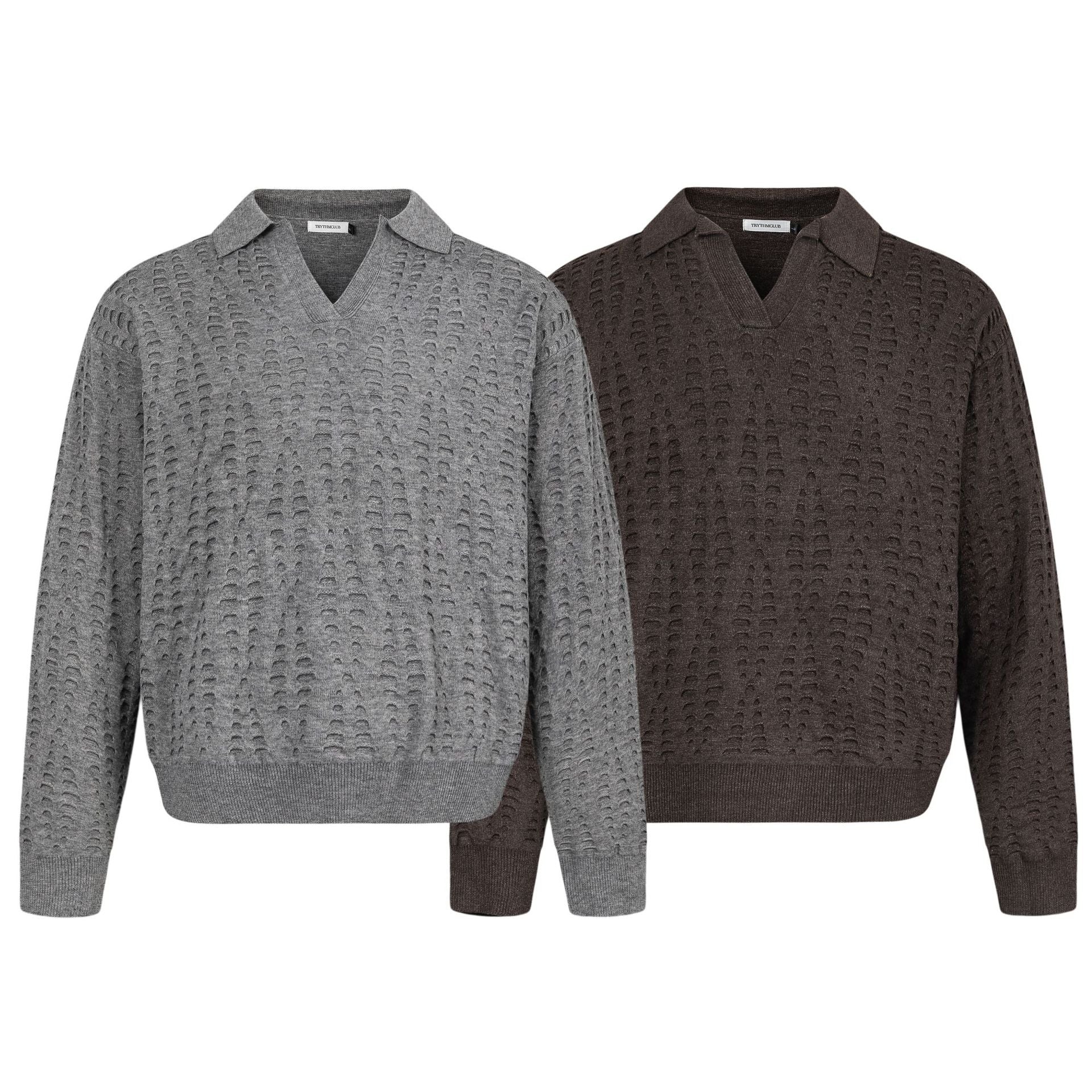 TRYTHMCLUB V-neck Lapel Ripped-knit Sweater