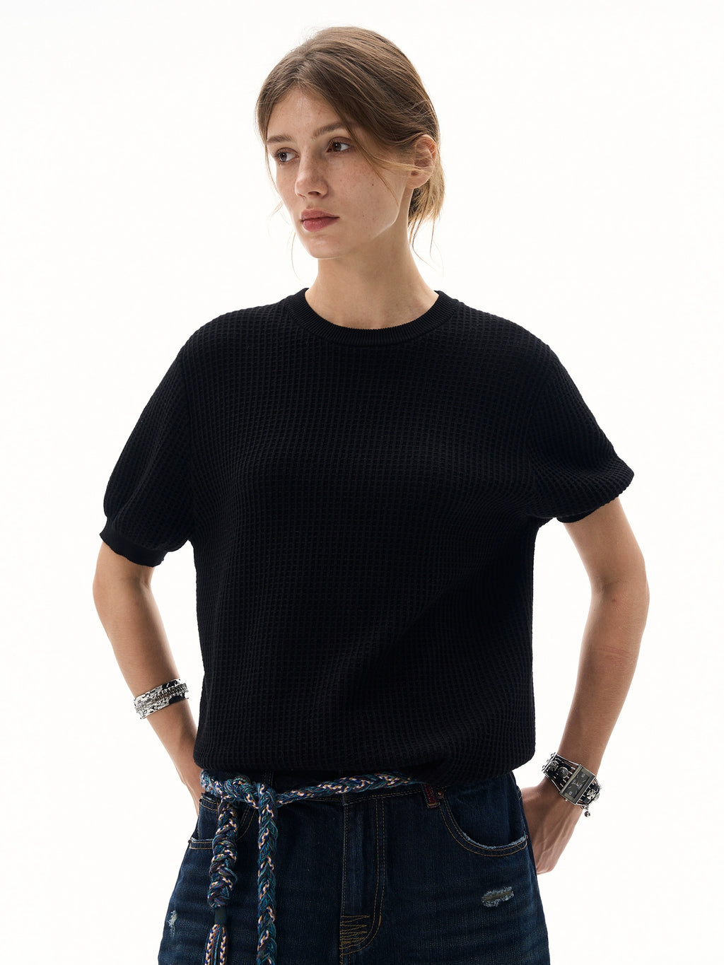 MADWITCH Simple Texture Waffle Knitting Tee