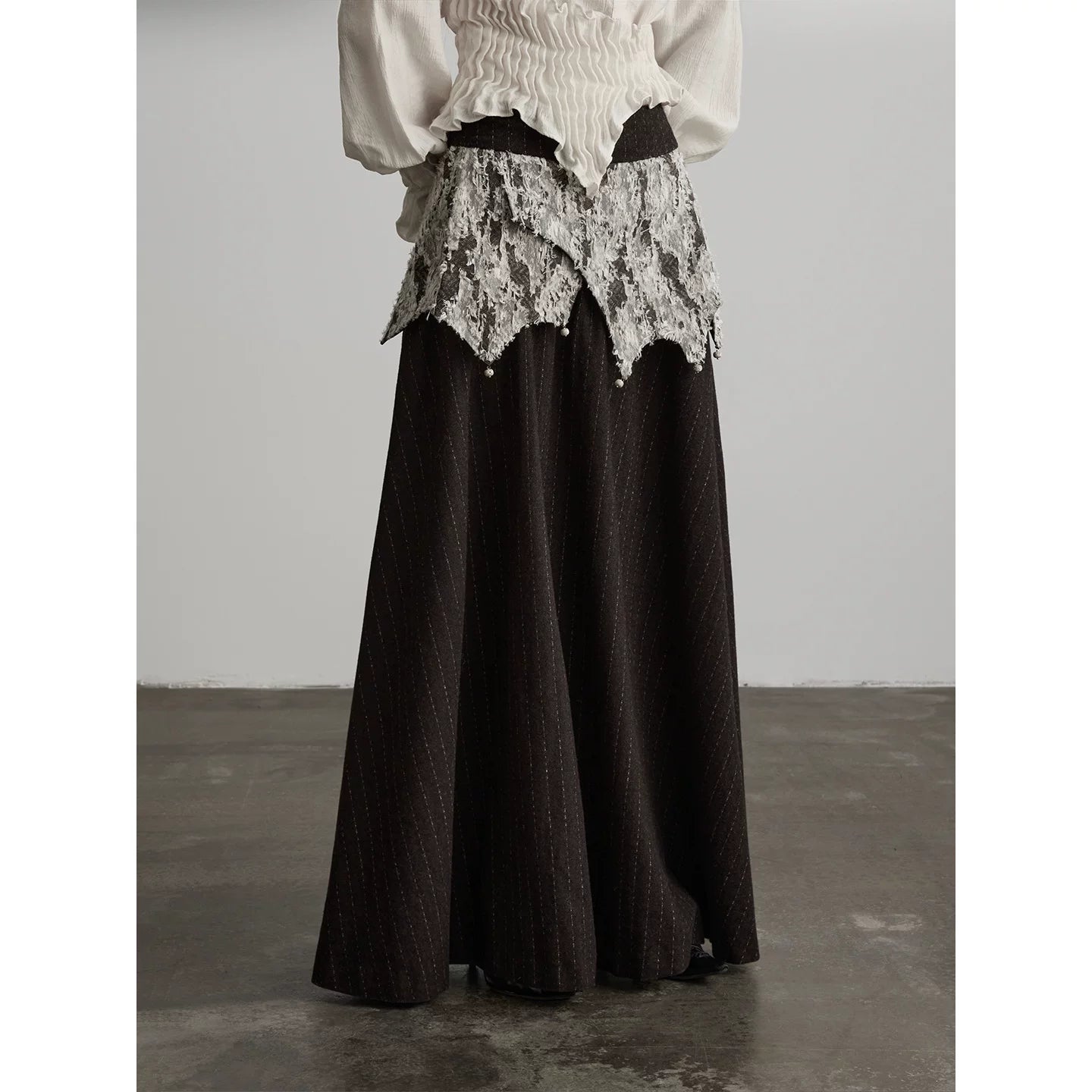 INDULGE Irregular Deconstruction Lace Stitching Striped Skirt