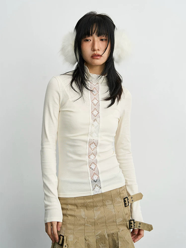 Enteralt Lace Splicing Small Turtleneck Bottom Long Sleeve