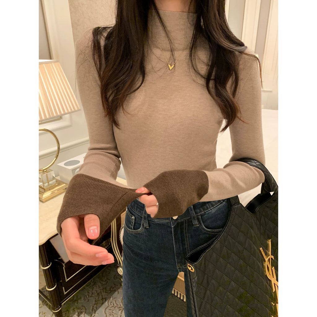 Pusumede Contrasting Color Slim-fitting Long-sleeved Knitted Sweater