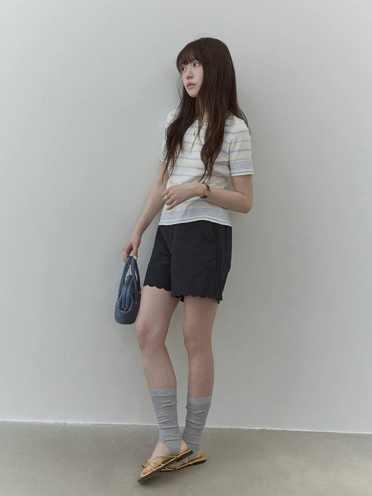 VOOE Contrasting Color Crew Neck Striped Knitted Tee