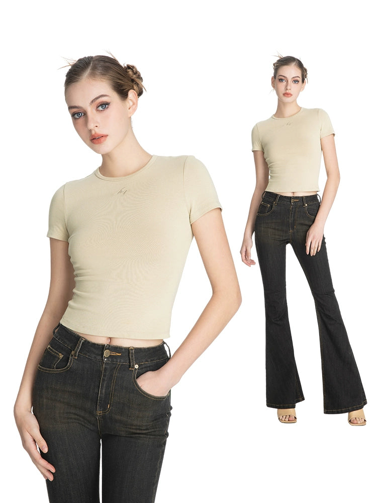 ABMY Crew Neck Front Shoulder Versatile Slim Waist Tee
