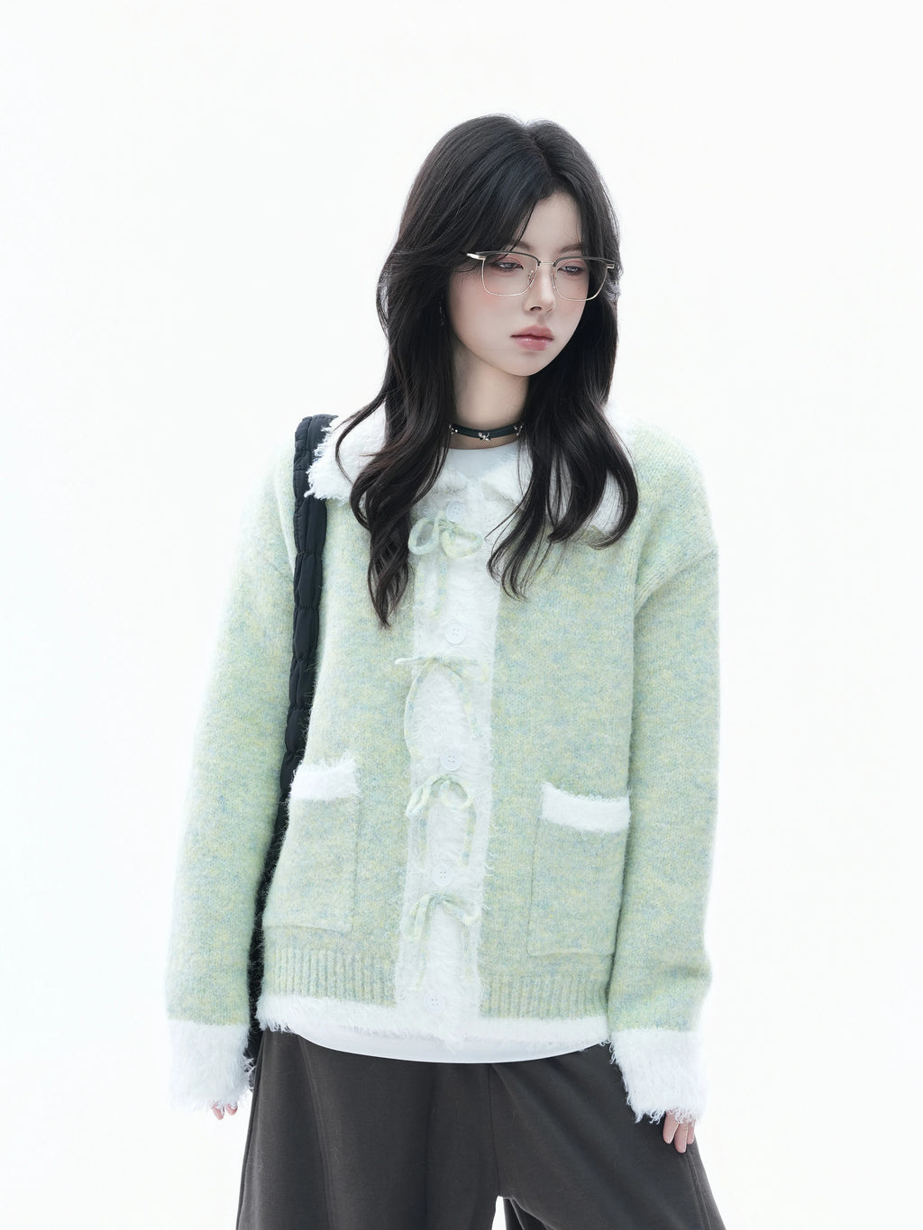 Zuocisankon Contrasting Bow Knitted Cardigan Sweater