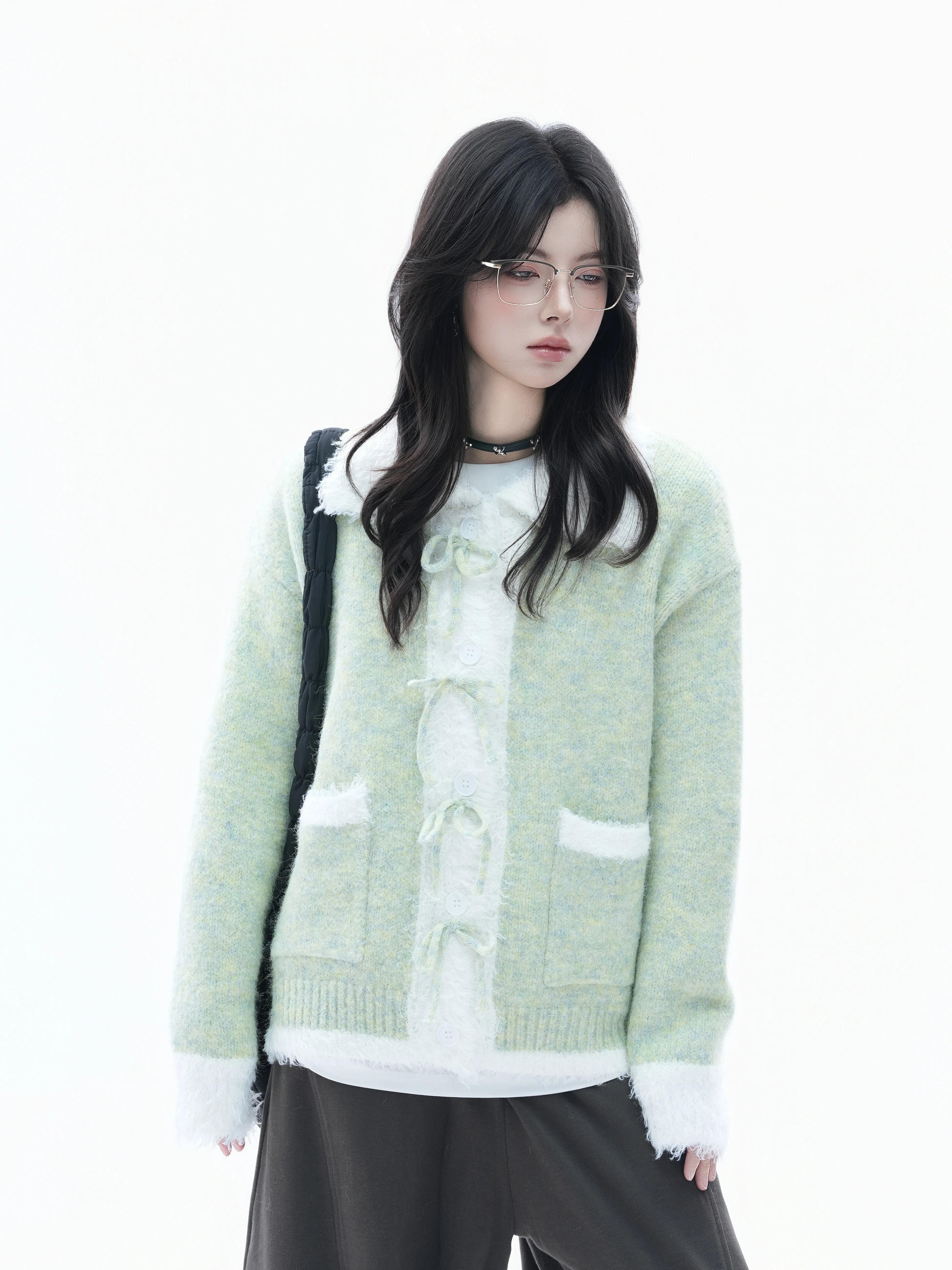 Zuocisankon Contrasting Bow Knitted Cardigan Sweater