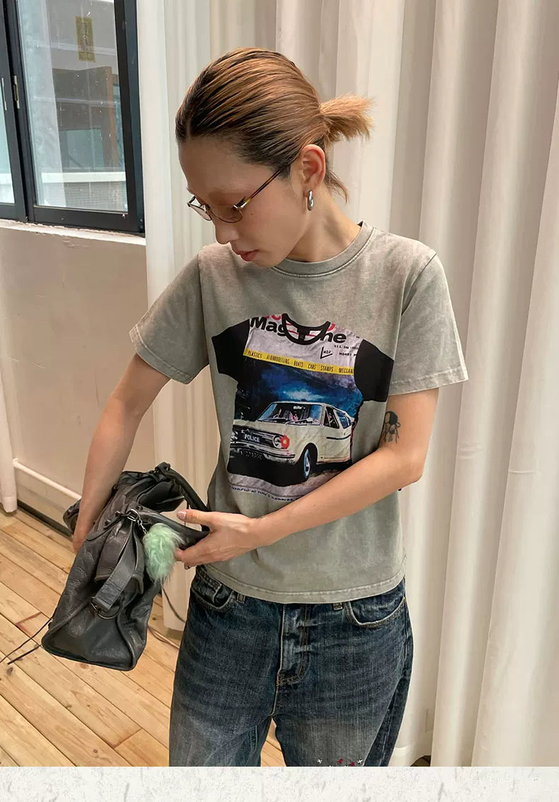 MMBBT Car Print Front Shoulder Thin Short Tee