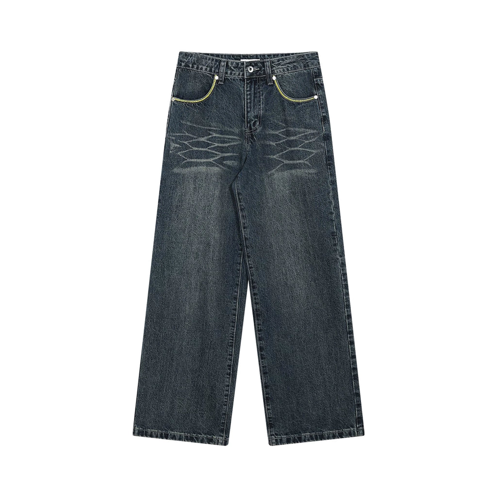 FUNKYFUN Retro Old Contrasting Embroidered Jeans