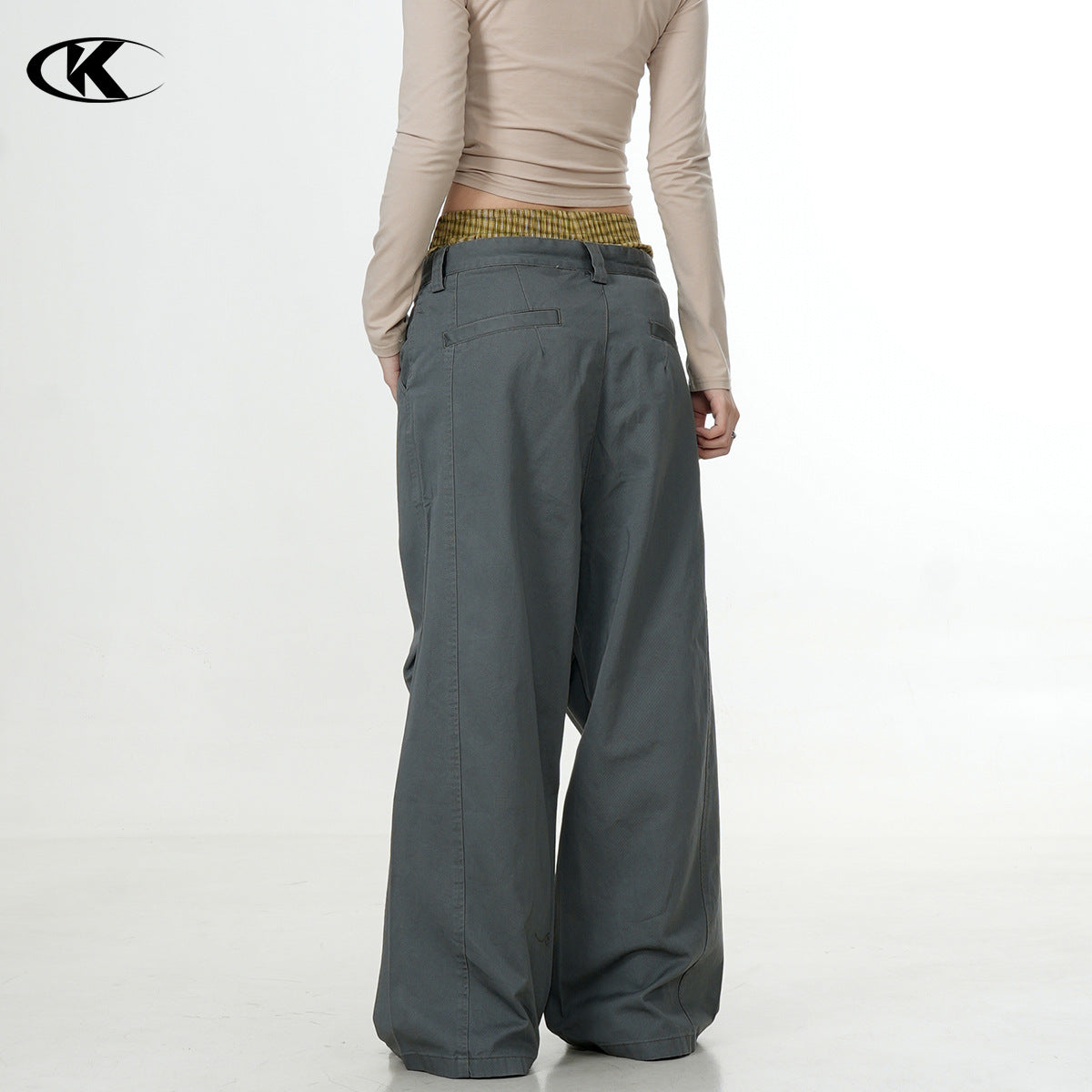 11KN Plaid Splicing Casual Straight-leg Pants