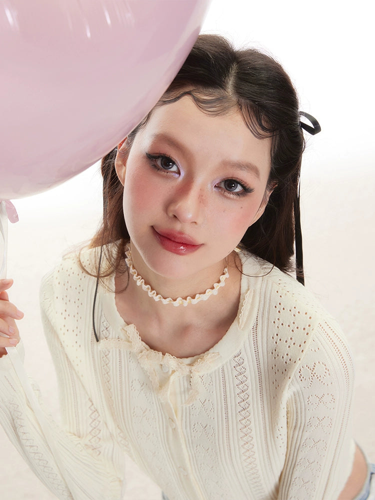 IMONE Fungus Edge Bow Crew Neck Short Knitted Shirt