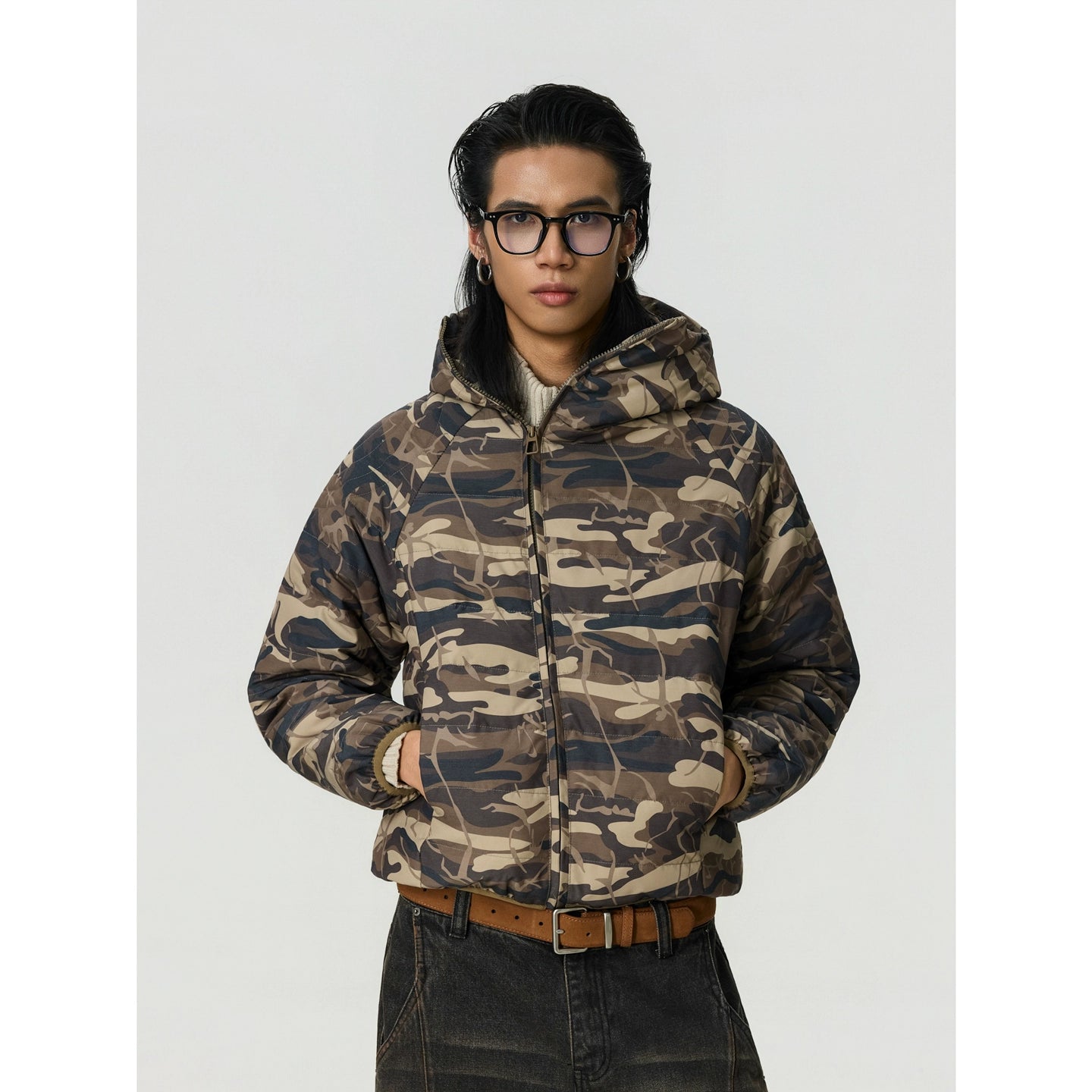 BTSG Vintage Slant Placket Camouflage Hooded Jacket