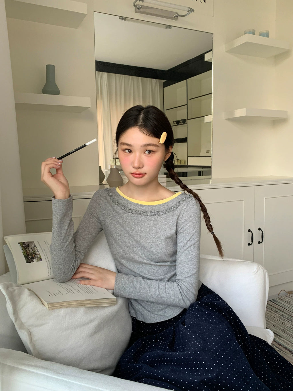 Kano Contrast Collar Lace Splicing Slim Long Sleeves