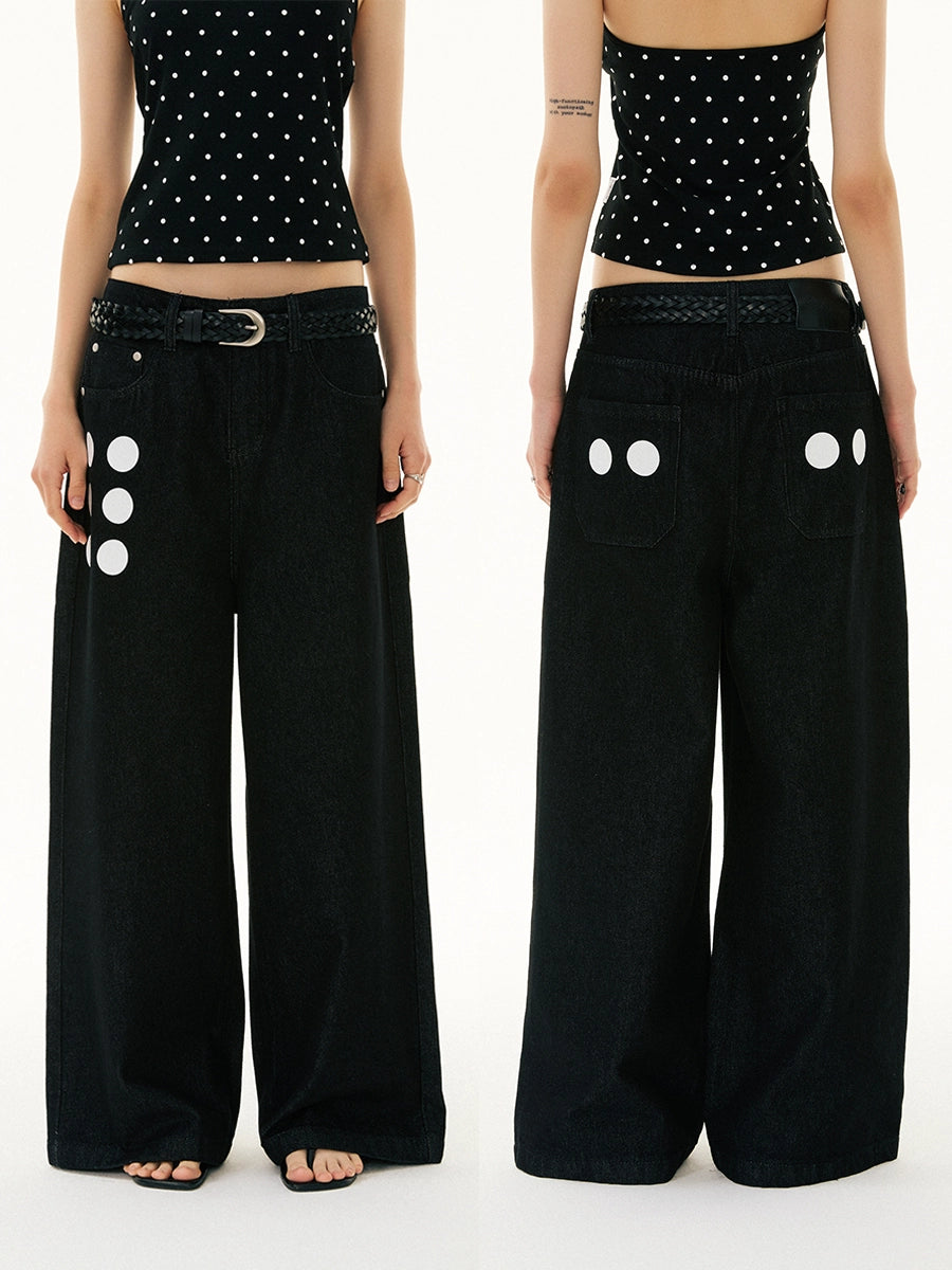 FUNKYFUN Front and Rear Polka Dot Print Loose Jeans