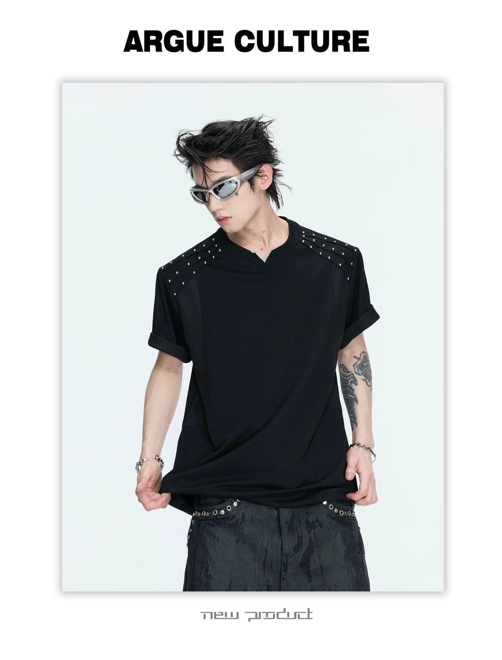 ArguECulturE Rivet Splicing Front Shoulder V-neck Tee