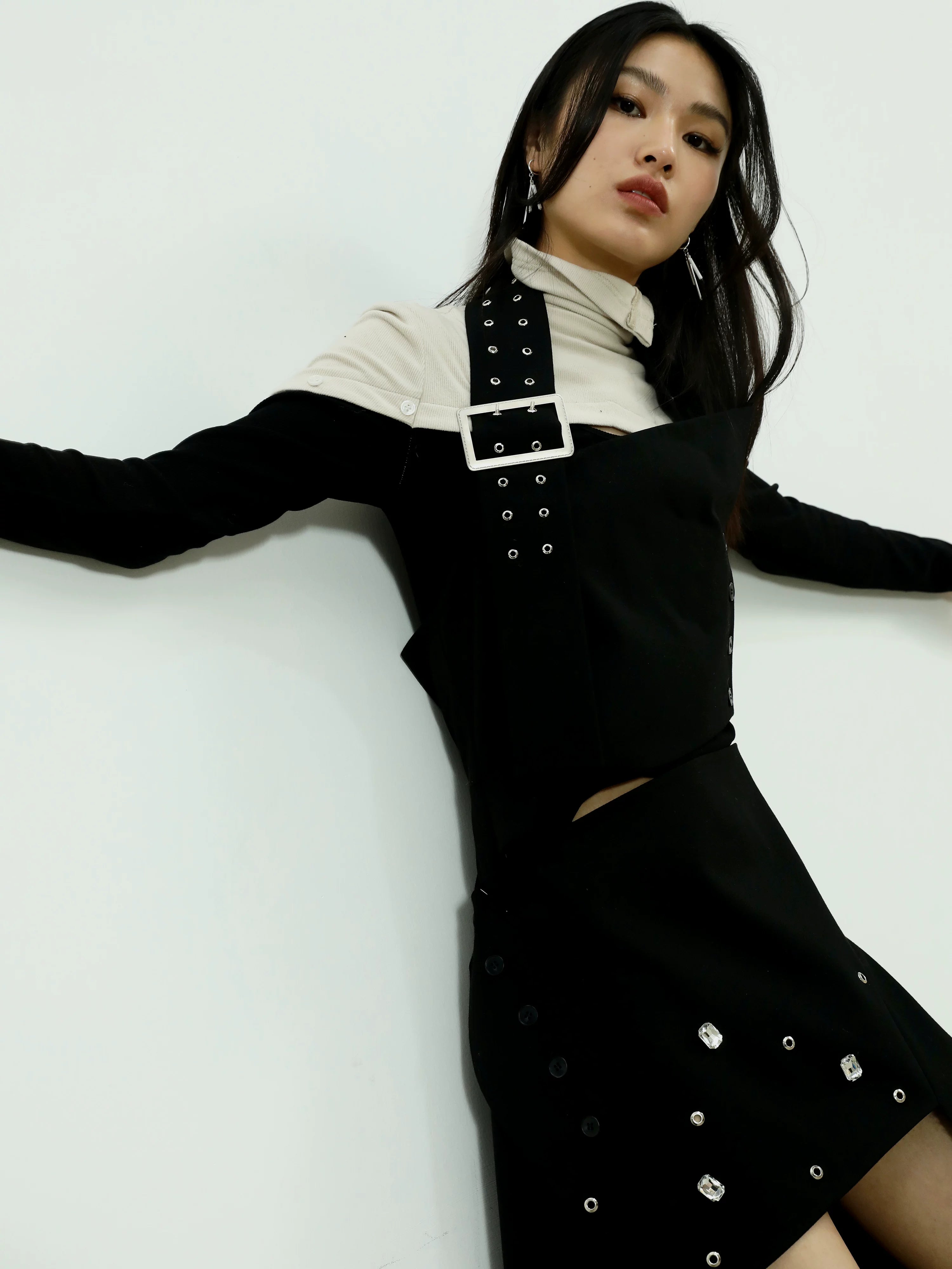 JNYLON Bright Diamond Rivets Two Wear Neck Irregular Skirt