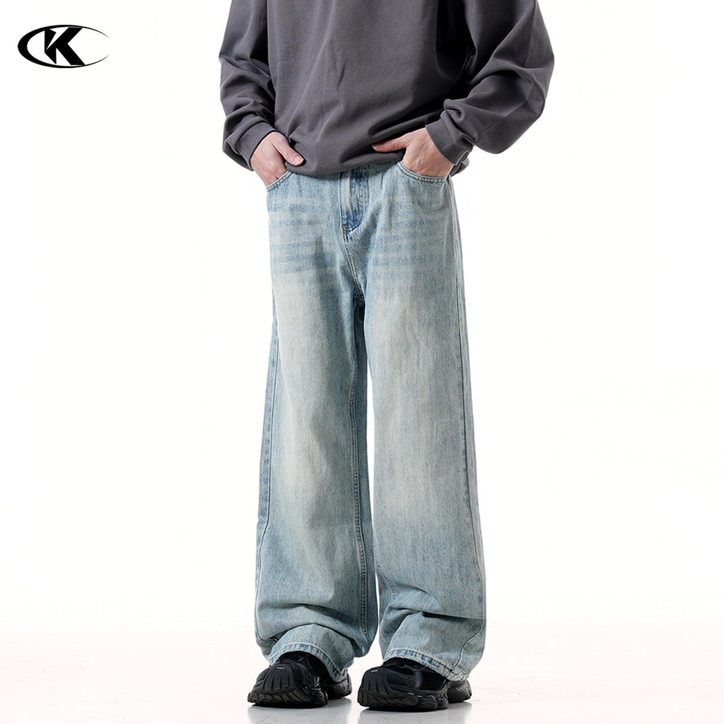 11KN Street Retro Blue Jeans American High Street Distressed Washed Straight Slim Loose Wide-leg Jeans