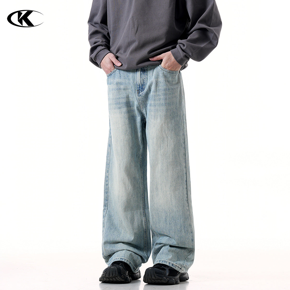 11KN Street Retro Blue Jeans American High Street Distressed Washed Straight Slim Loose Wide-leg Jeans